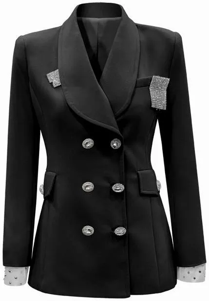 Embellished Double-Breasted Blazer, Black