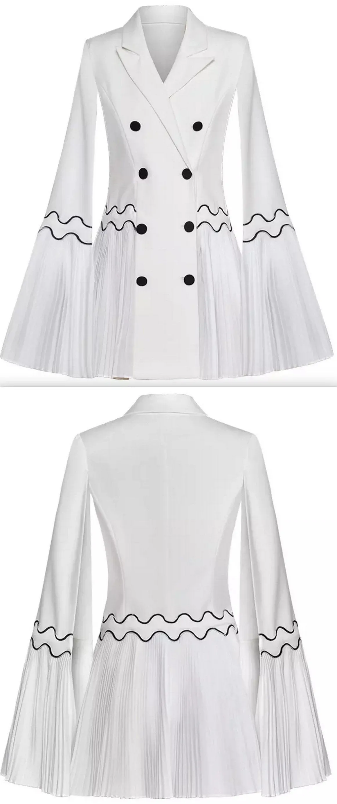 Embroidered Pleated Double-Breasted Flared Blazer, White