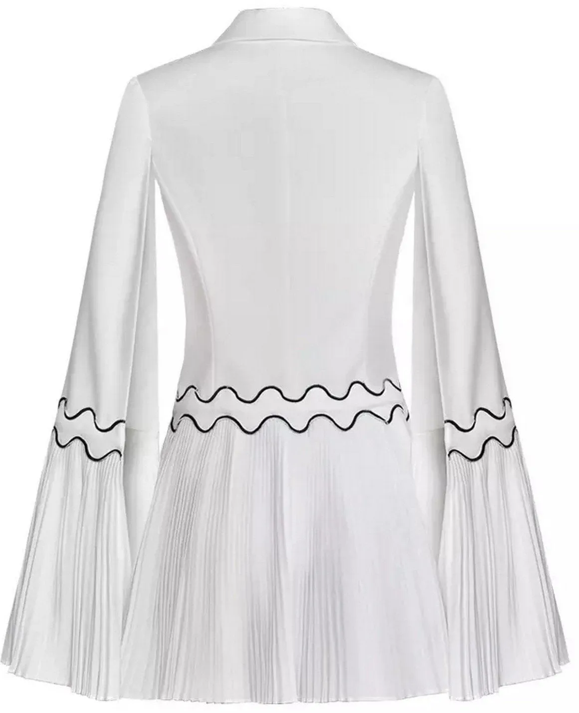 Embroidered Pleated Double-Breasted Flared Blazer, White