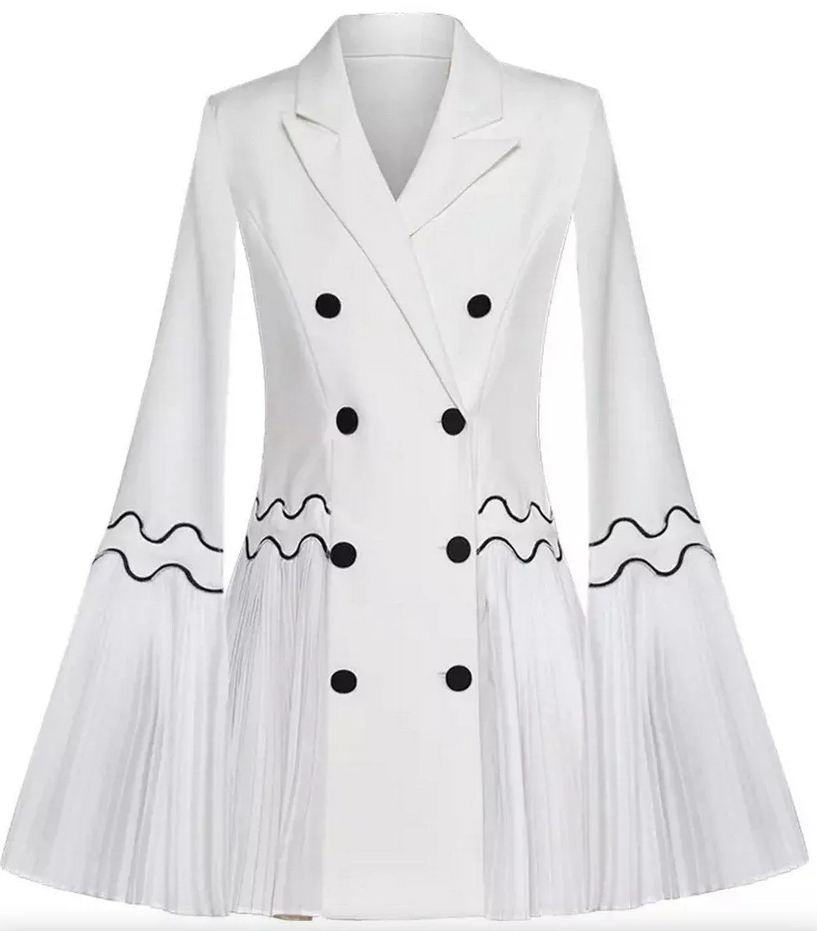 Embroidered Pleated Double-Breasted Flared Blazer, White