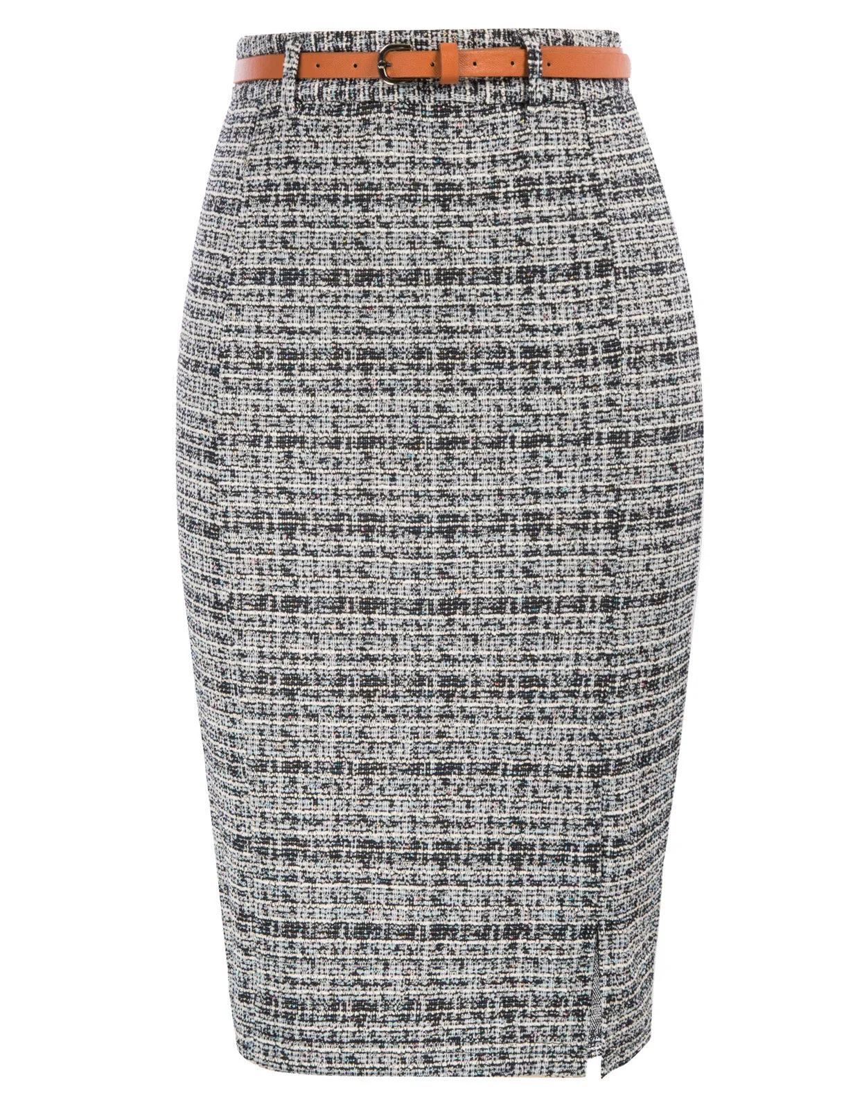 Fashion Tweed Bodycon Skirt with Belt High Waist Knee Length Slit Front