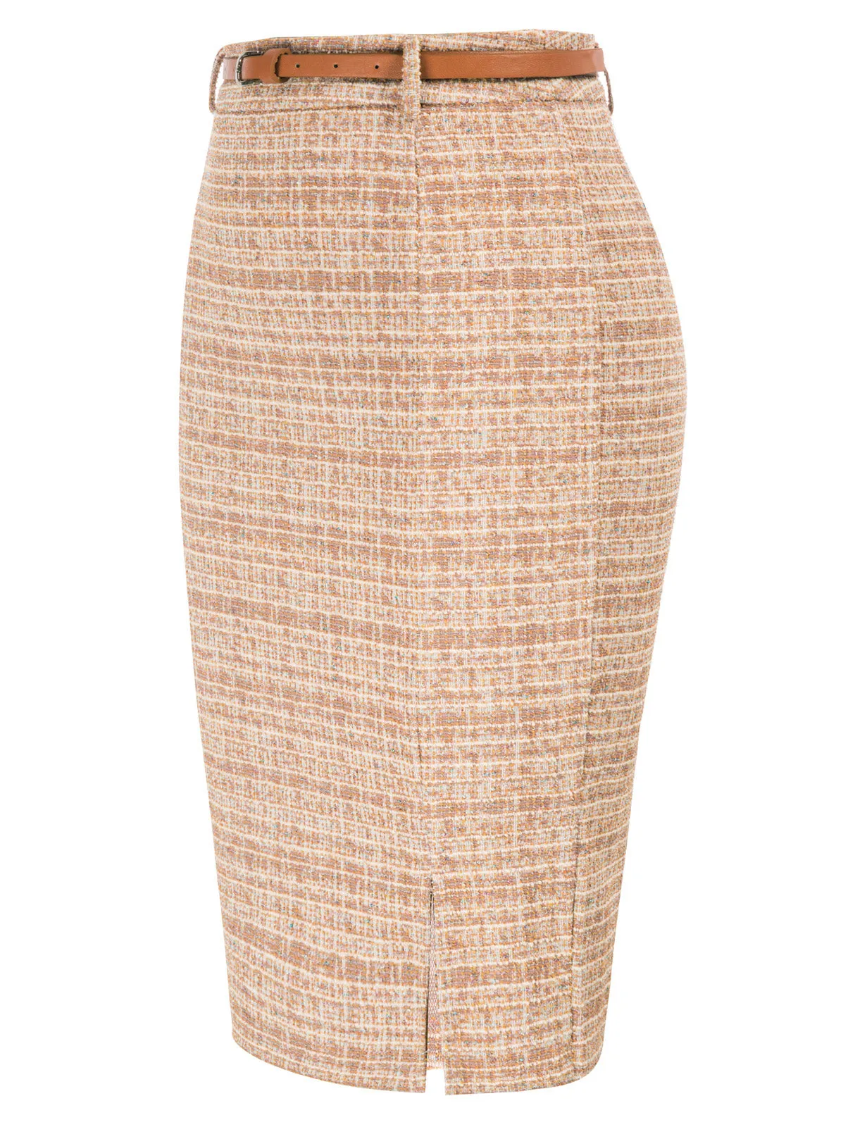 Fashion Tweed Bodycon Skirt with Belt High Waist Knee Length Slit Front