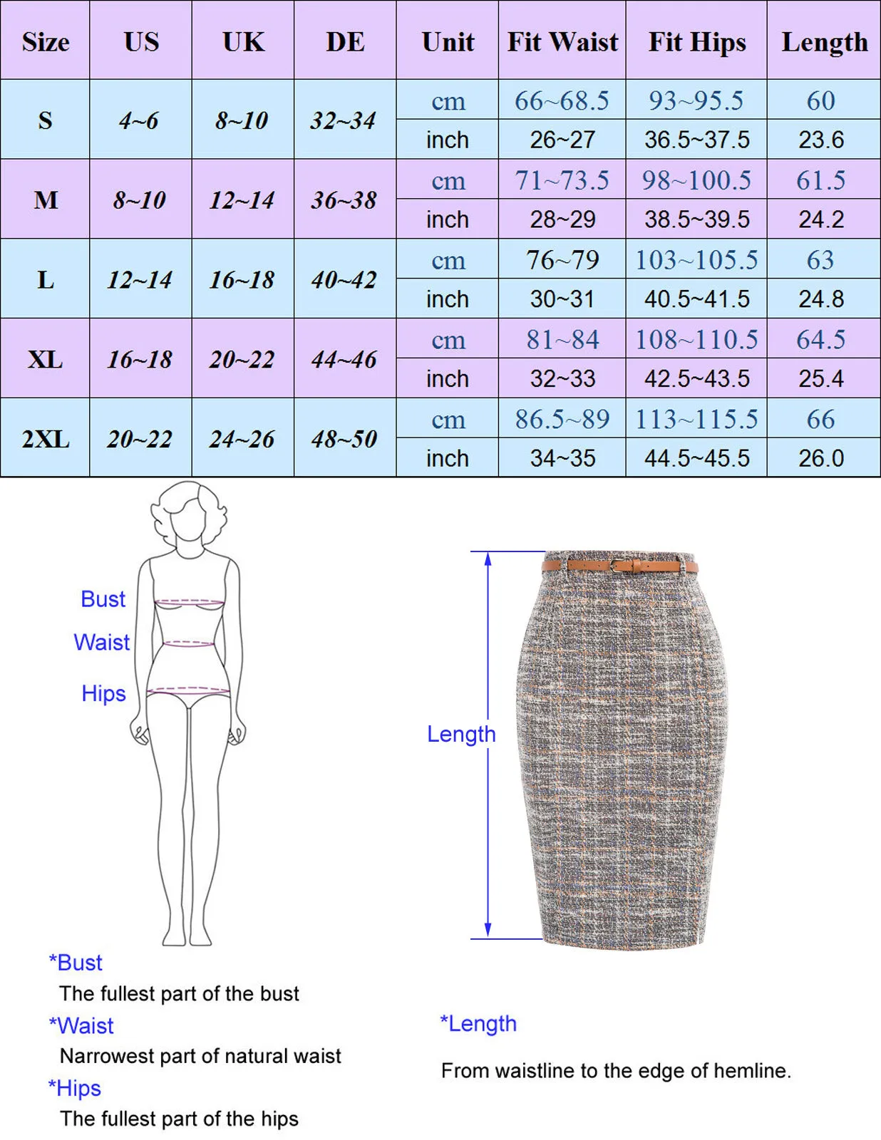 Fashion Tweed Bodycon Skirt with Belt High Waist Knee Length Slit Front