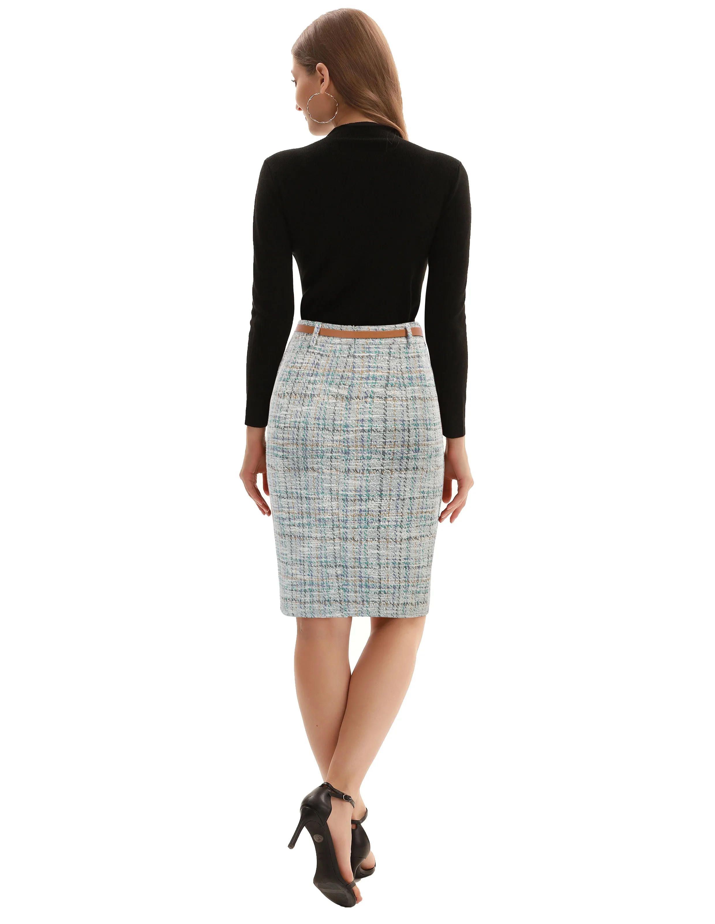 Fashion Tweed Bodycon Skirt with Belt High Waist Knee Length Slit Front