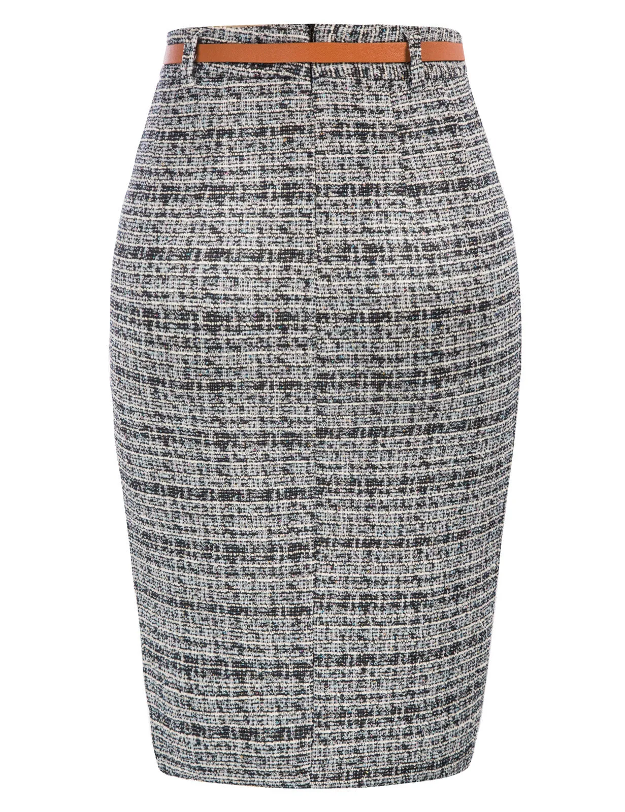 Fashion Tweed Bodycon Skirt with Belt High Waist Knee Length Slit Front