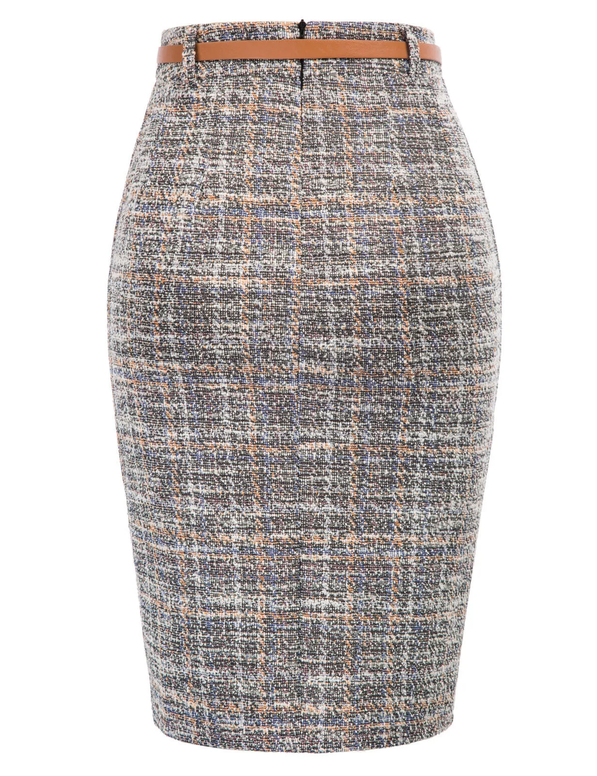 Fashion Tweed Bodycon Skirt with Belt High Waist Knee Length Slit Front