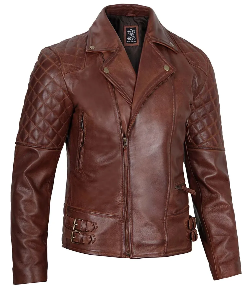 Frisco Mens Distressed Brown Quilted Asymmetrical Leather Biker Jacket