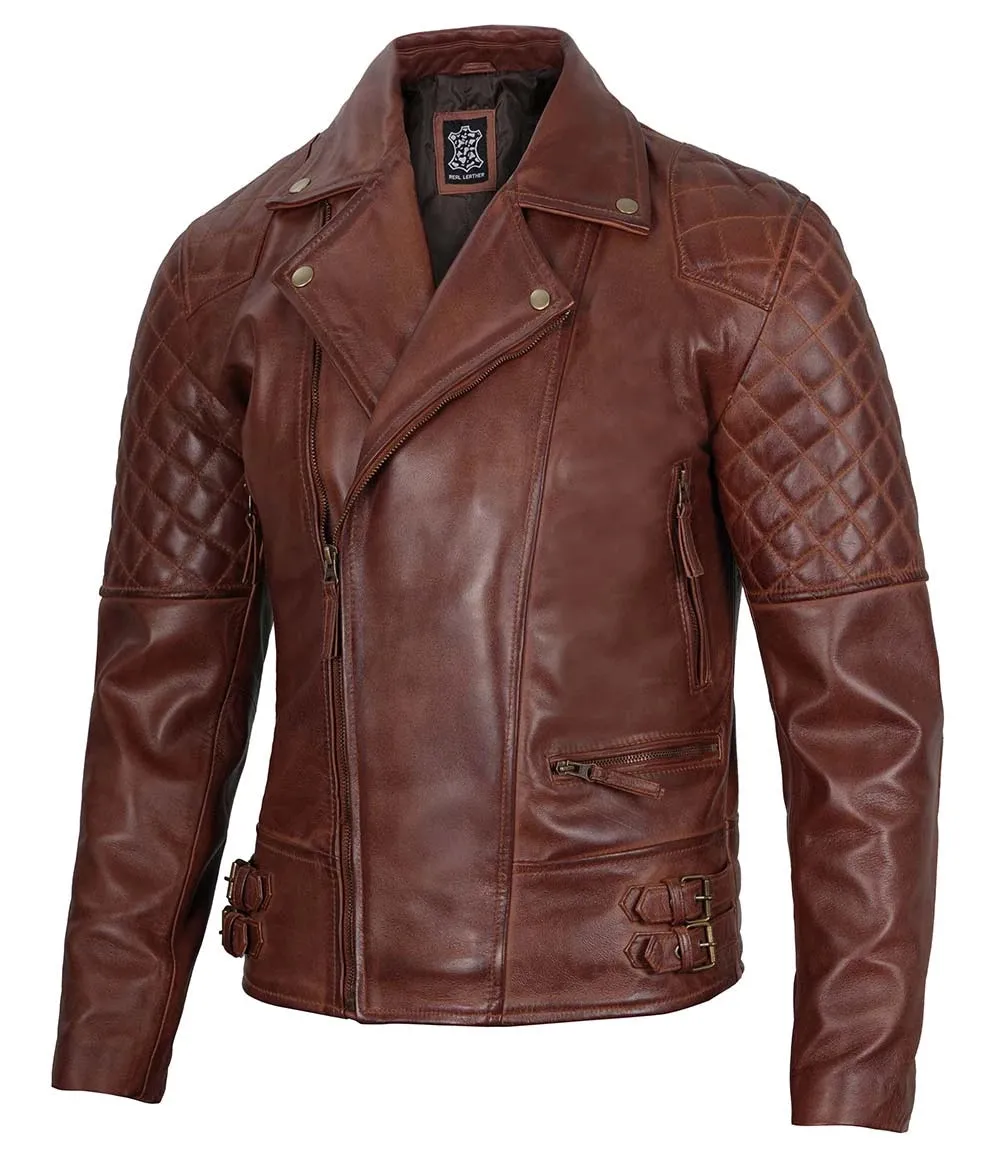 Frisco Mens Distressed Brown Quilted Asymmetrical Leather Biker Jacket