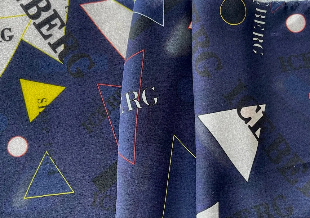 Iceberg Sportif Signature Geometric Navy Silk Crepe De Chine (Made in Italy)