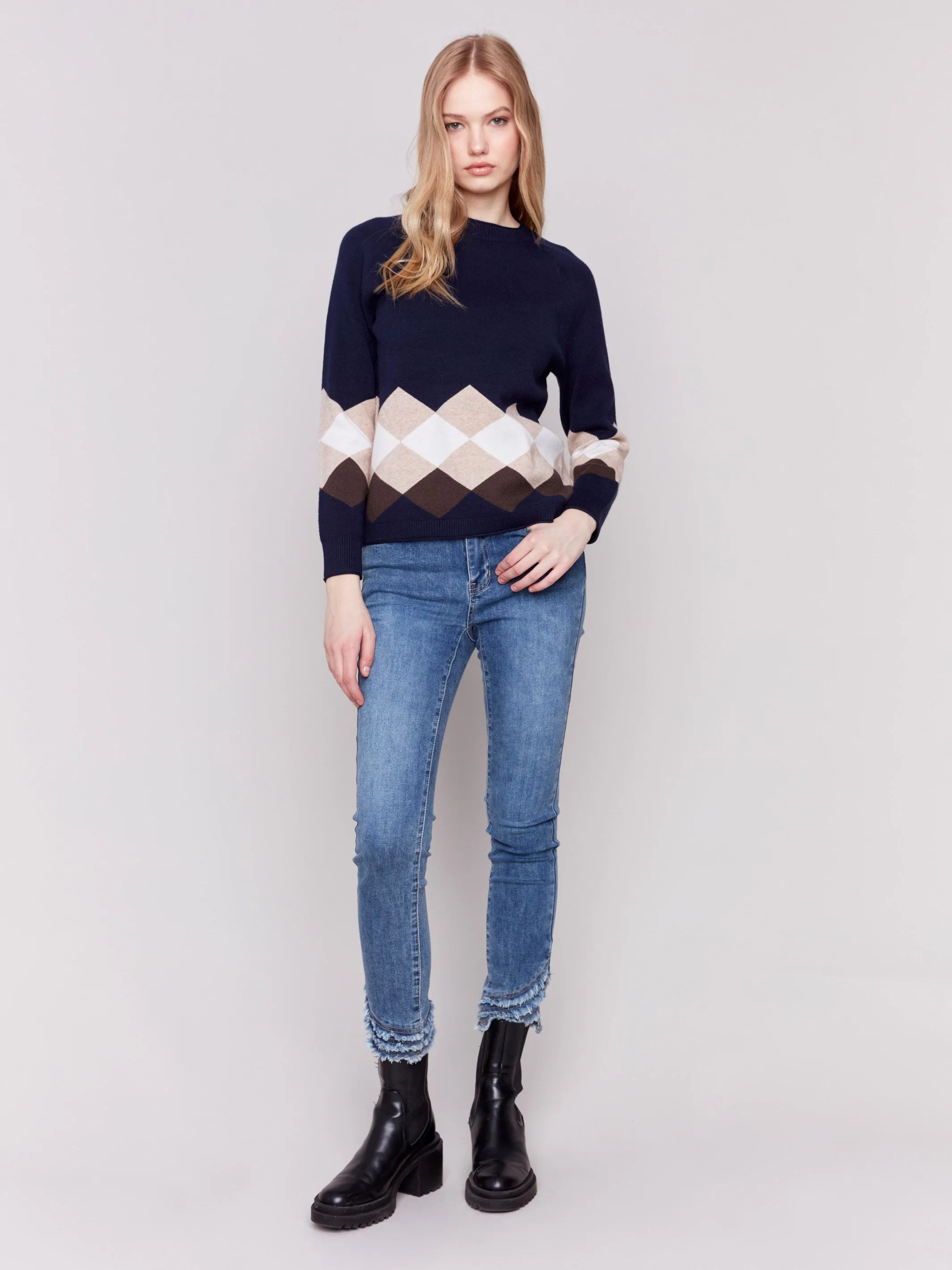 Jacquard Knit Argyle Sweater - Navy