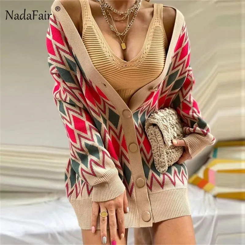 Joskaa Christmas Gift Nadafair Argyle Cardigan Women Vintage Casual Jumper Chic Knitwear Button Up Autumn Winter Oversized Femme Sweater Cardigan 2024