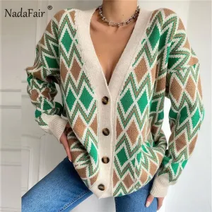 Joskaa Christmas Gift Nadafair Argyle Cardigan Women Vintage Casual Jumper Chic Knitwear Button Up Autumn Winter Oversized Femme Sweater Cardigan 2024