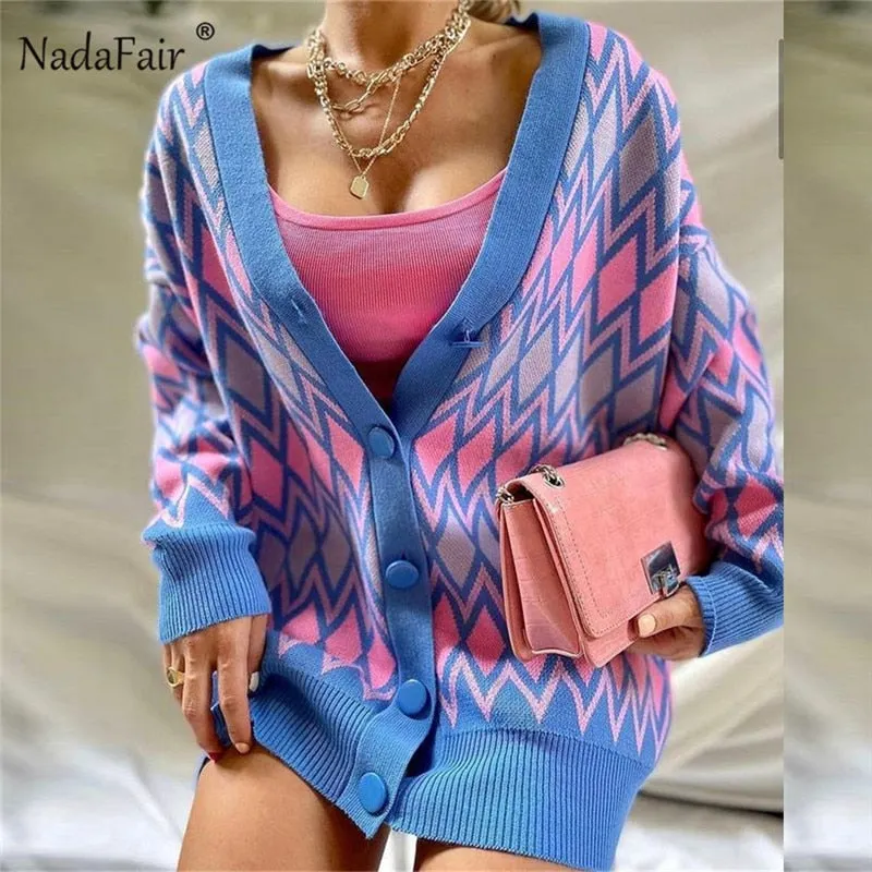 Joskaa Christmas Gift Nadafair Argyle Cardigan Women Vintage Casual Jumper Chic Knitwear Button Up Autumn Winter Oversized Femme Sweater Cardigan 2024