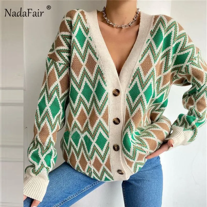 Joskaa Christmas Gift Nadafair Argyle Cardigan Women Vintage Casual Jumper Chic Knitwear Button Up Autumn Winter Oversized Femme Sweater Cardigan 2024