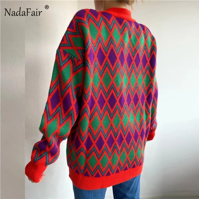 Joskaa Christmas Gift Nadafair Argyle Cardigan Women Vintage Casual Jumper Chic Knitwear Button Up Autumn Winter Oversized Femme Sweater Cardigan 2024