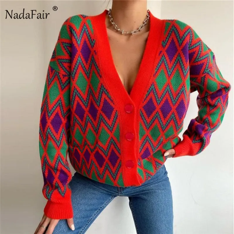 Joskaa Christmas Gift Nadafair Argyle Cardigan Women Vintage Casual Jumper Chic Knitwear Button Up Autumn Winter Oversized Femme Sweater Cardigan 2024