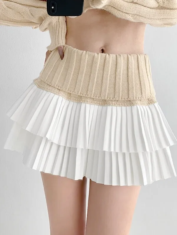 Knitted patchwork layer pleated skirt