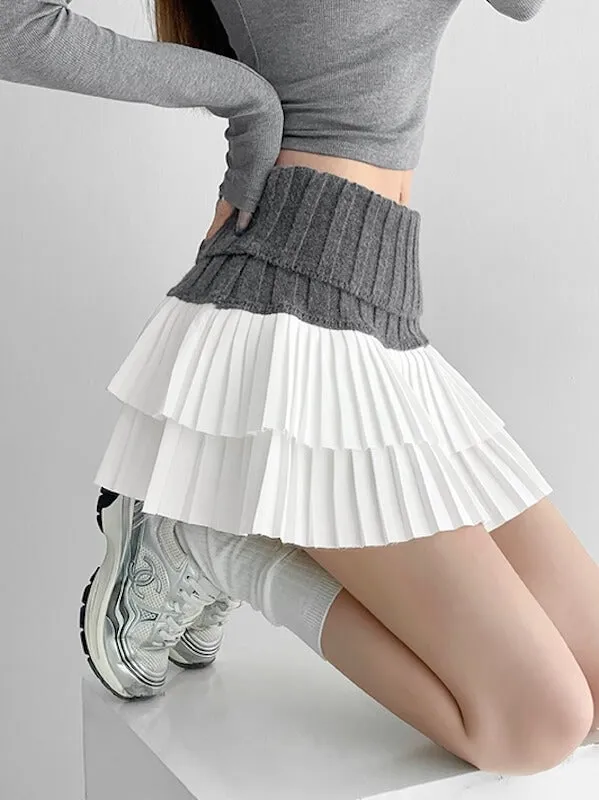 Knitted patchwork layer pleated skirt