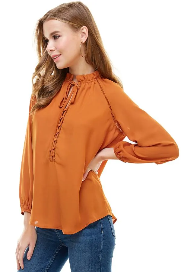 Lattice Trimmed Long Sleeves Tie Neck Blouse