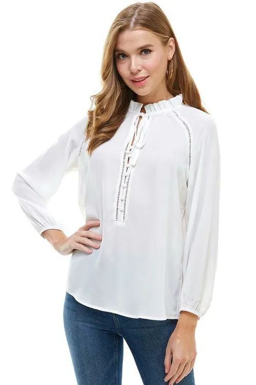 Lattice Trimmed Long Sleeves Tie Neck Blouse