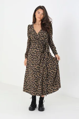 LEOPARD PRINT LONG SLEEVE MAXI WRAP DRESS