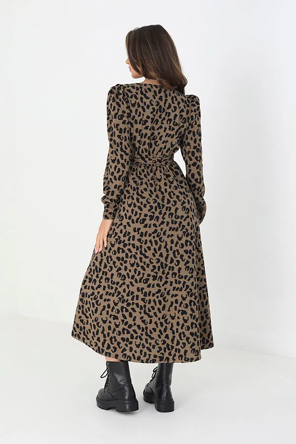 LEOPARD PRINT LONG SLEEVE MAXI WRAP DRESS