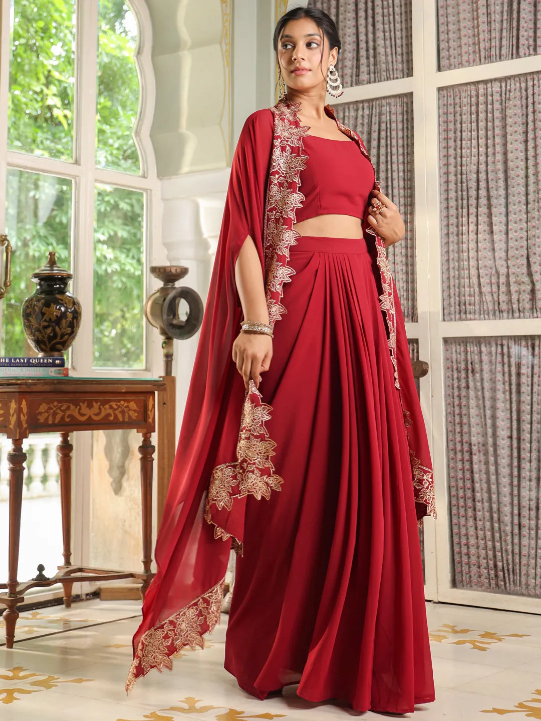 Maroon Georgette Zari Embroidered Crop Top With Skirt & Cape Set  - By Janasya