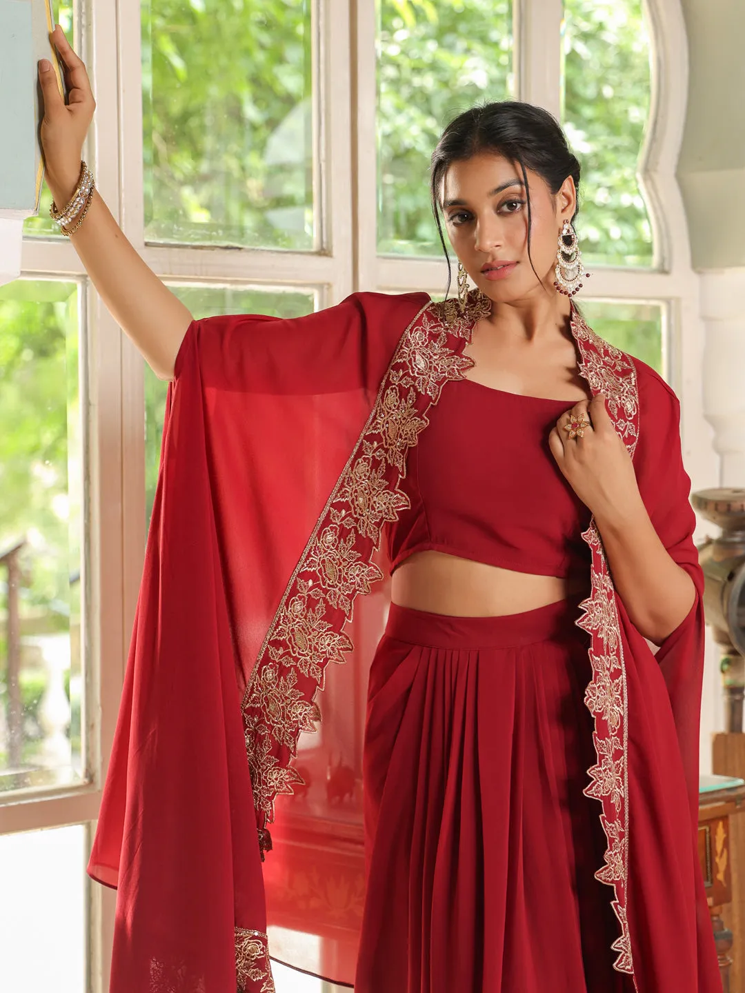 Maroon Georgette Zari Embroidered Crop Top With Skirt & Cape Set  - By Janasya