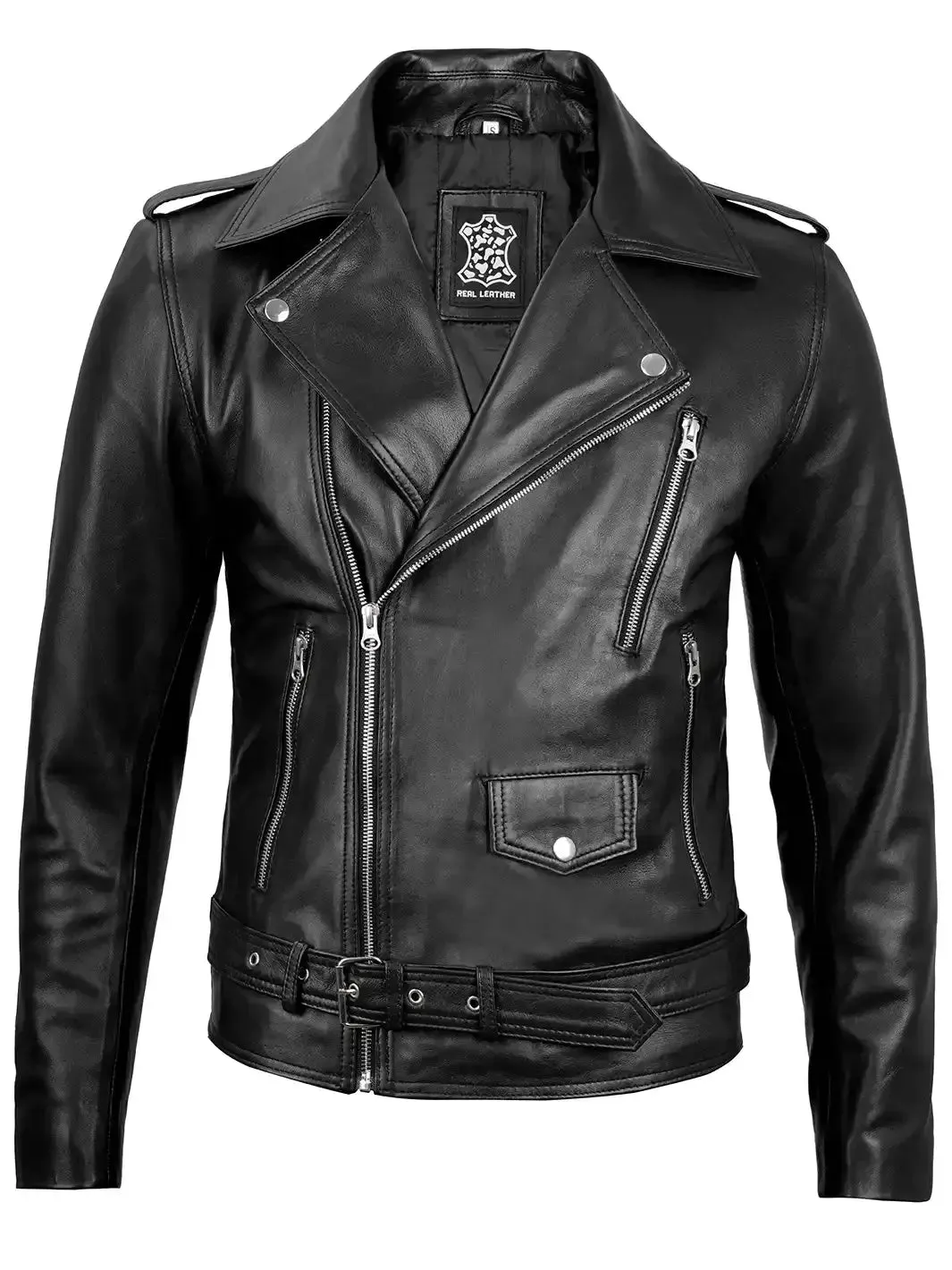 Mens Black Asymmetrical Belted Leather Biker Jacket