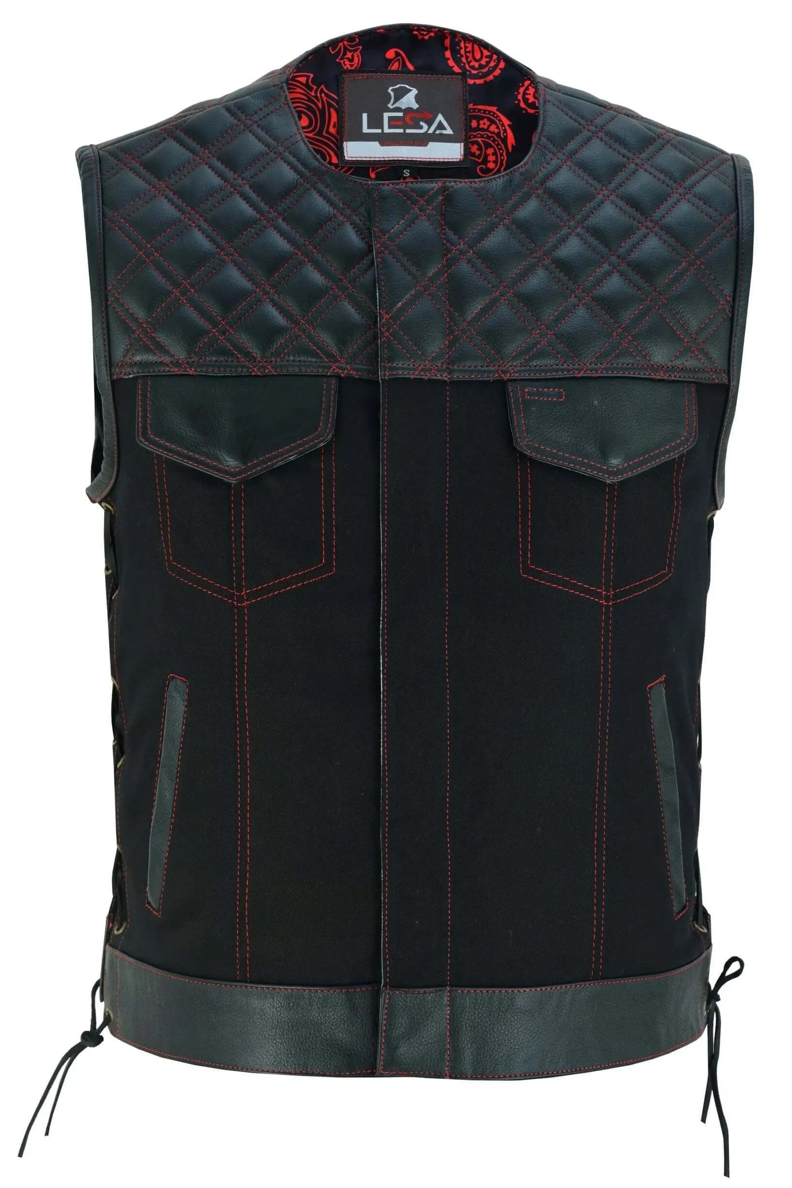 Men's SOA Vest double Red Thread Club Vest, Concealed Gun Pockets Collar Less