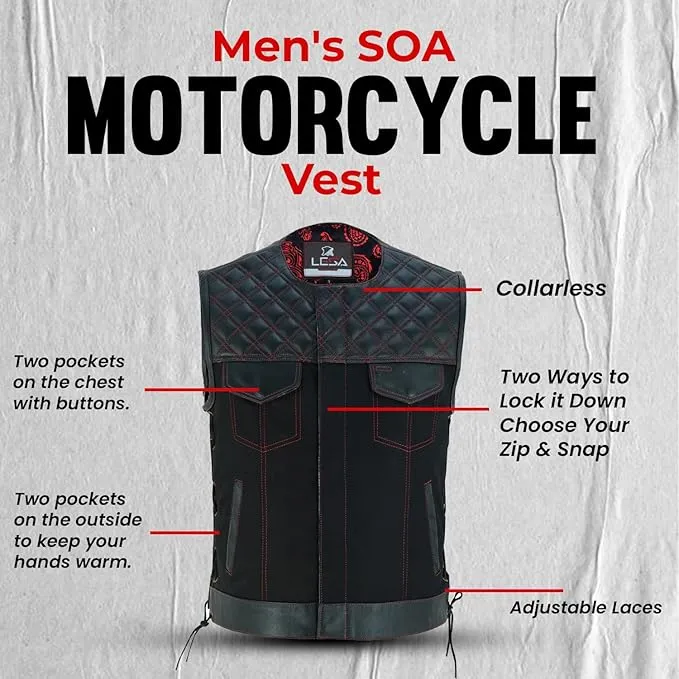 Men's SOA Vest double Red Thread Club Vest, Concealed Gun Pockets Collar Less