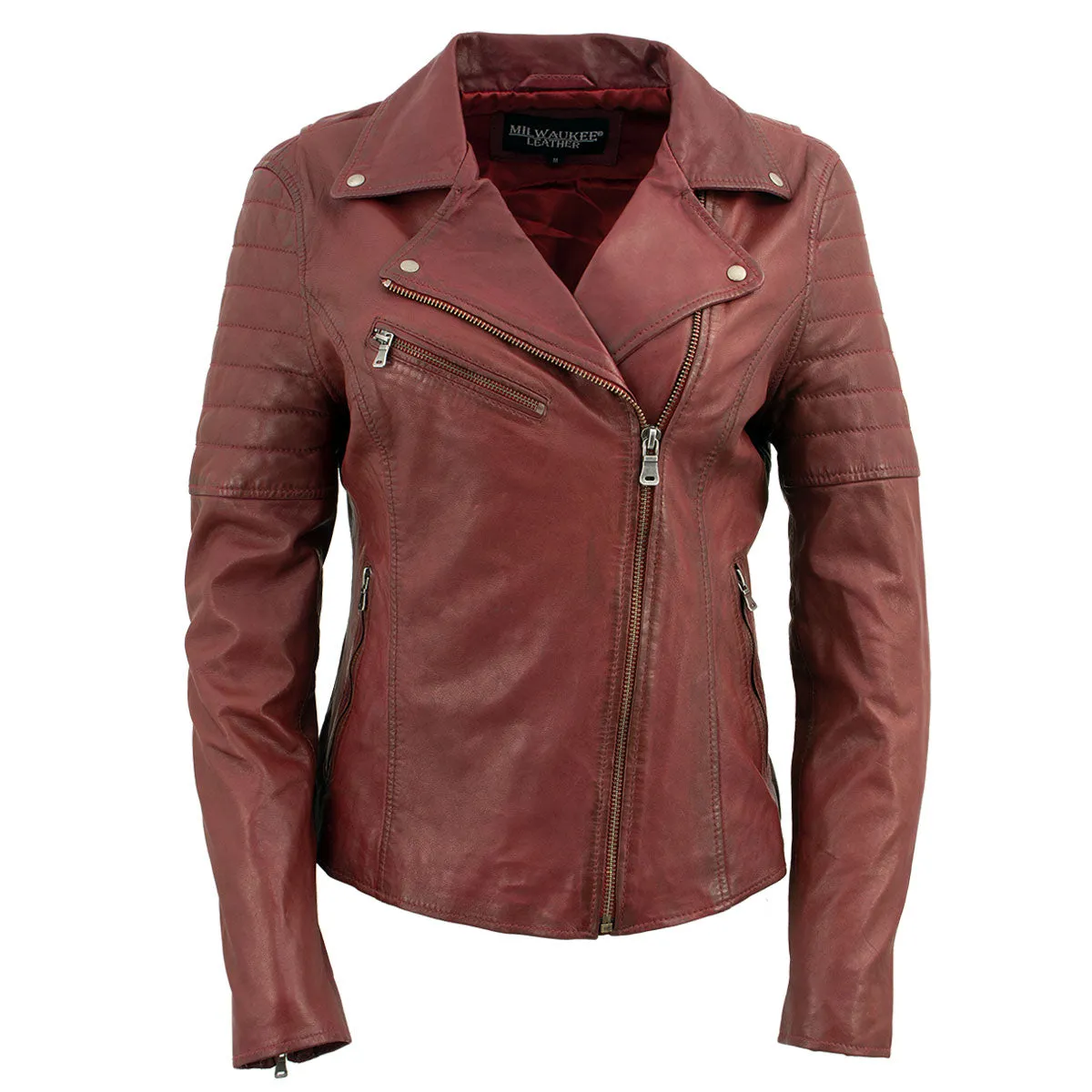 Milwaukee Leather SFL2812 Red Vintage Motorcycle Inspired Leather Jacket for Women - Veg-Tan Fashion Jacket