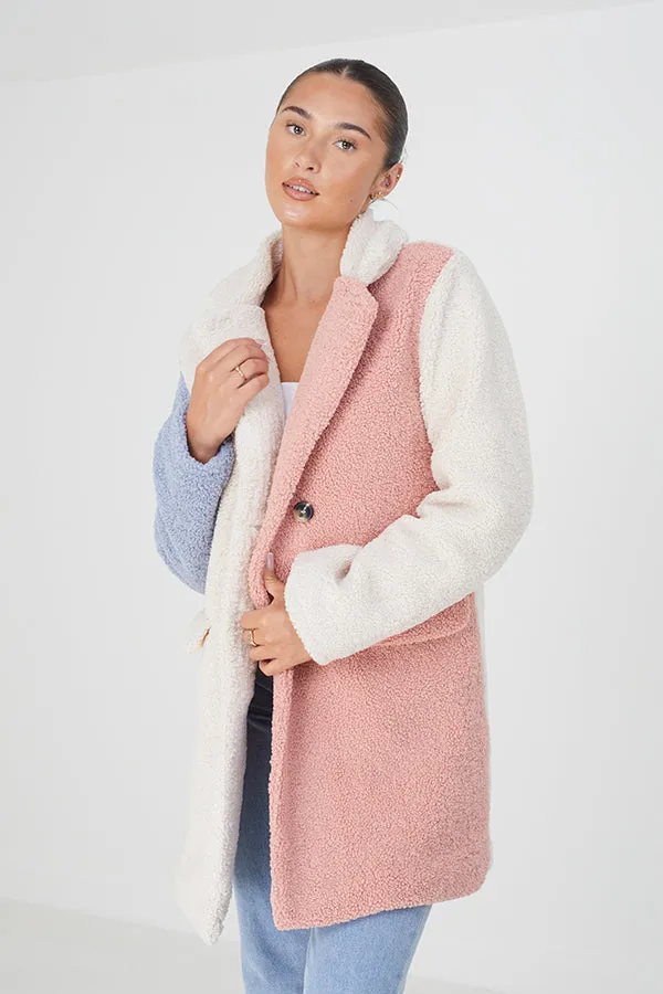 MULTICOLOURED FAUX FUR DOUBLE BREASTED JACKET