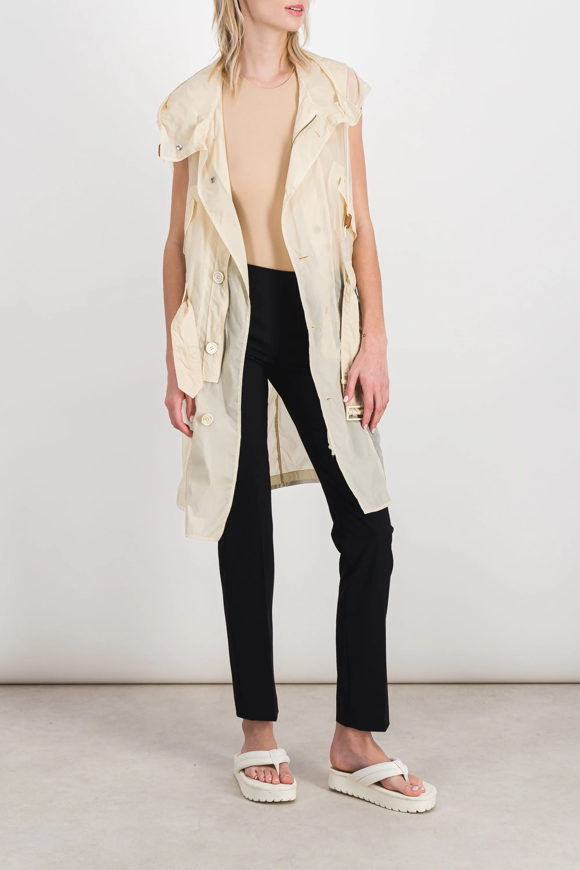 Nylon sleeveless semi-sheer trench-coat