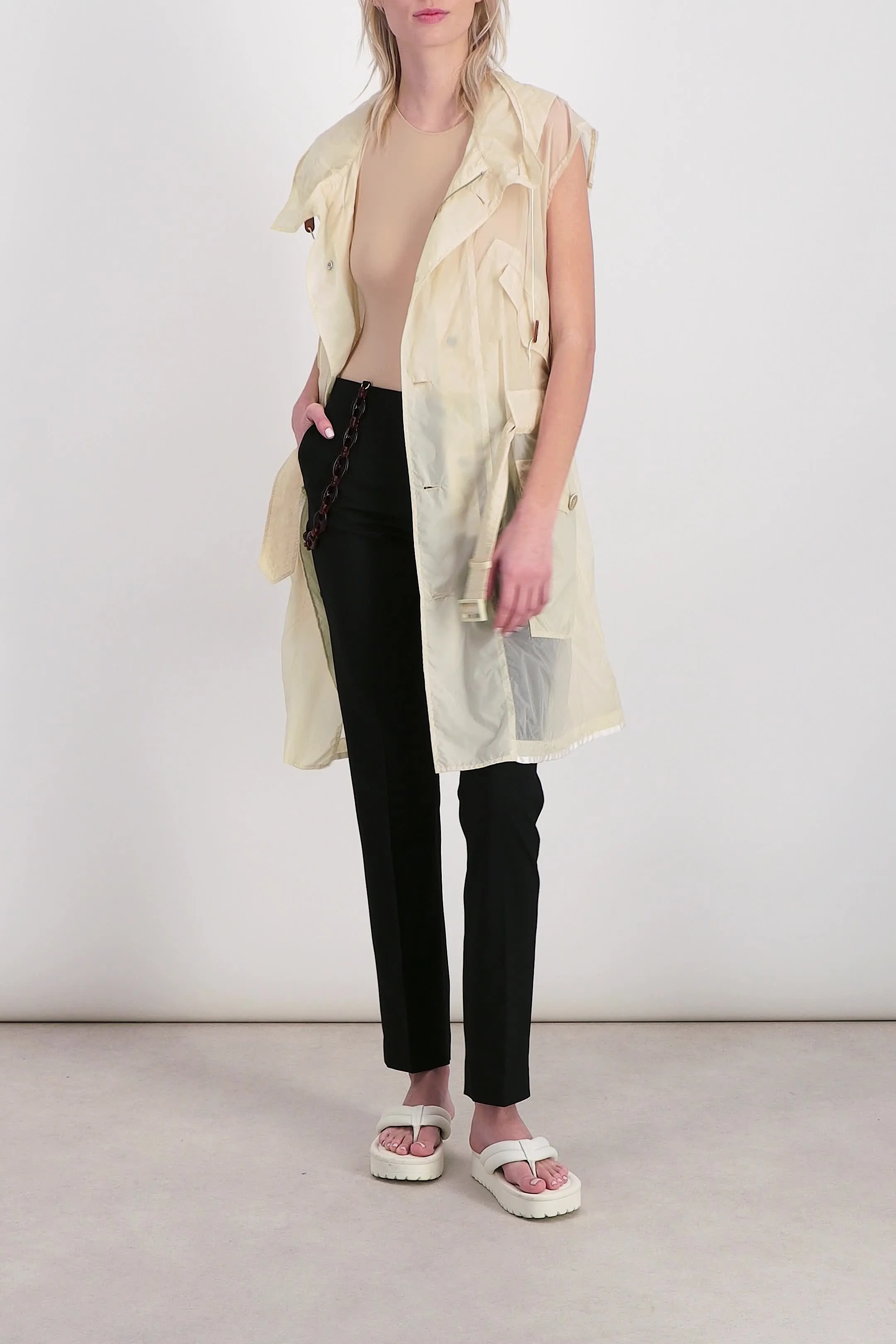 Nylon sleeveless semi-sheer trench-coat