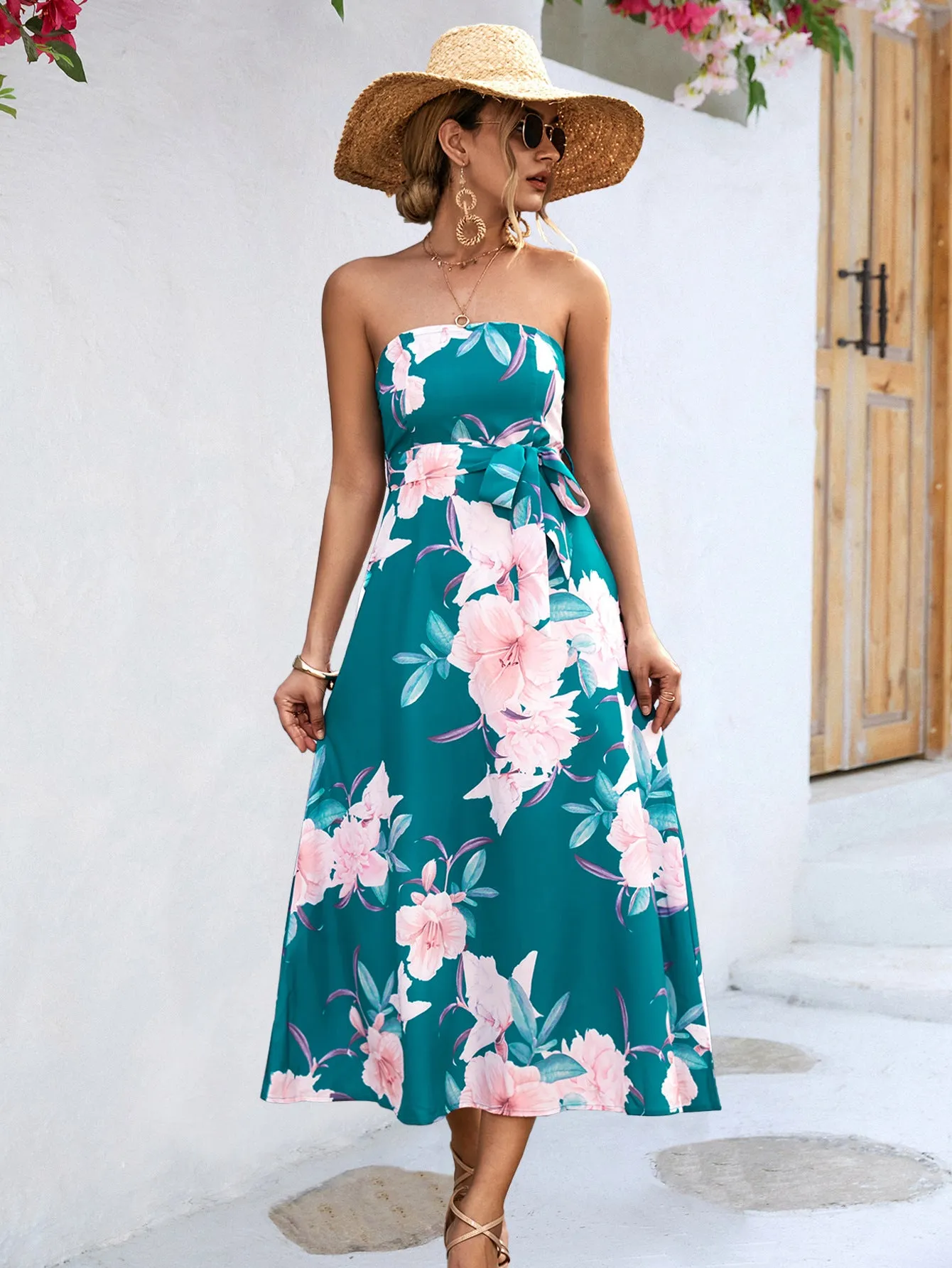 Off-Shoulder Printed Slim Fit Elegant A-Line Dress Wholesale Dresses