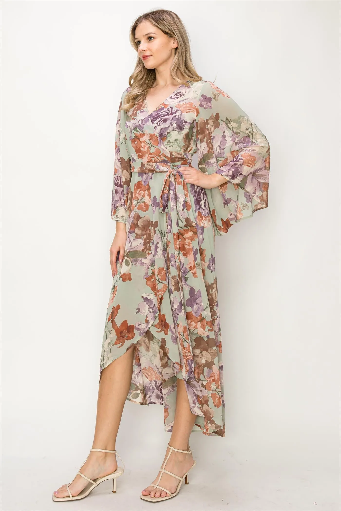 OL24A072-FLORAL V-NECK WRAP HIGH-LOW DRESS