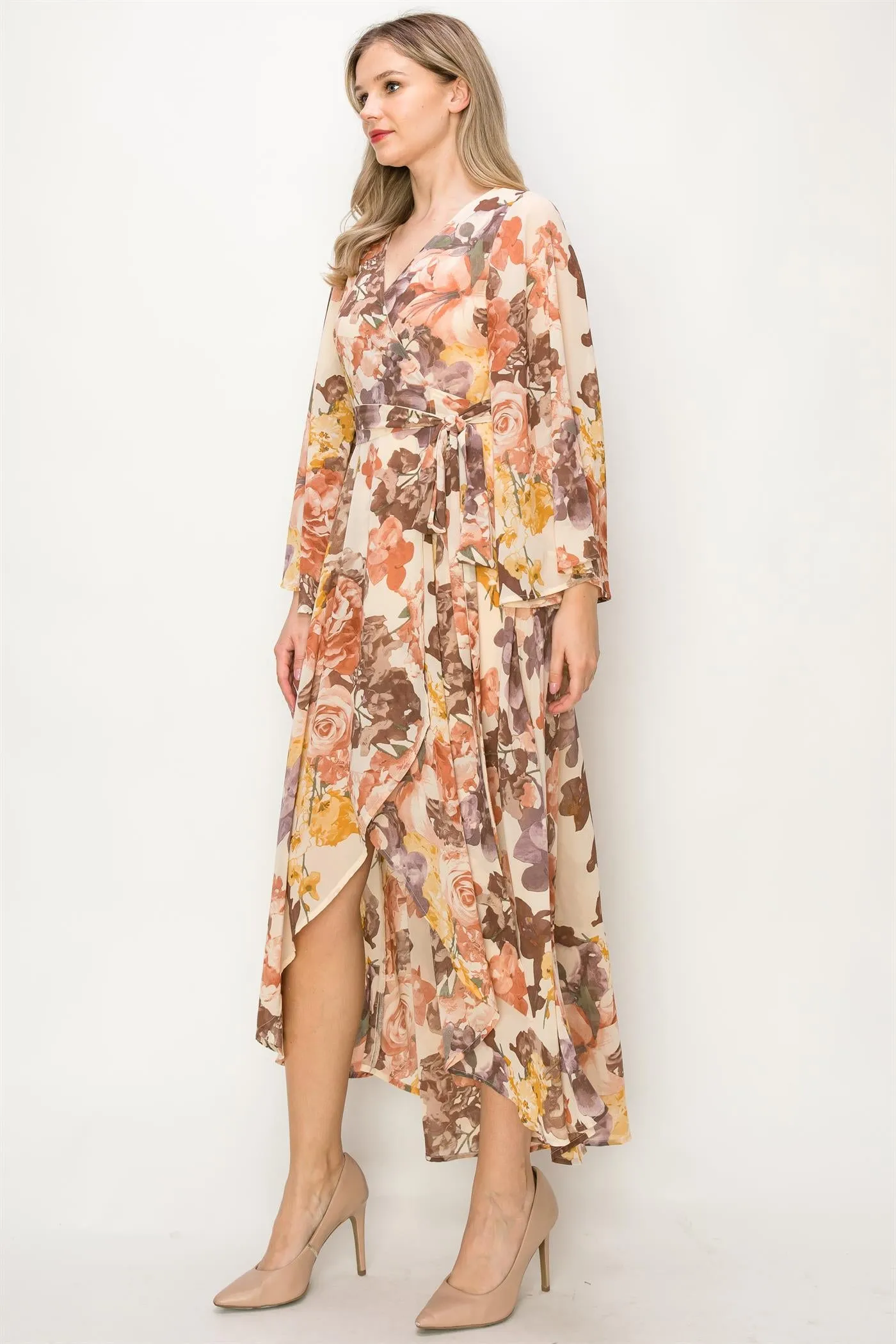 OL24A072-FLORAL V-NECK WRAP HIGH-LOW DRESS