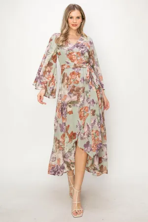 OL24A072-FLORAL V-NECK WRAP HIGH-LOW DRESS