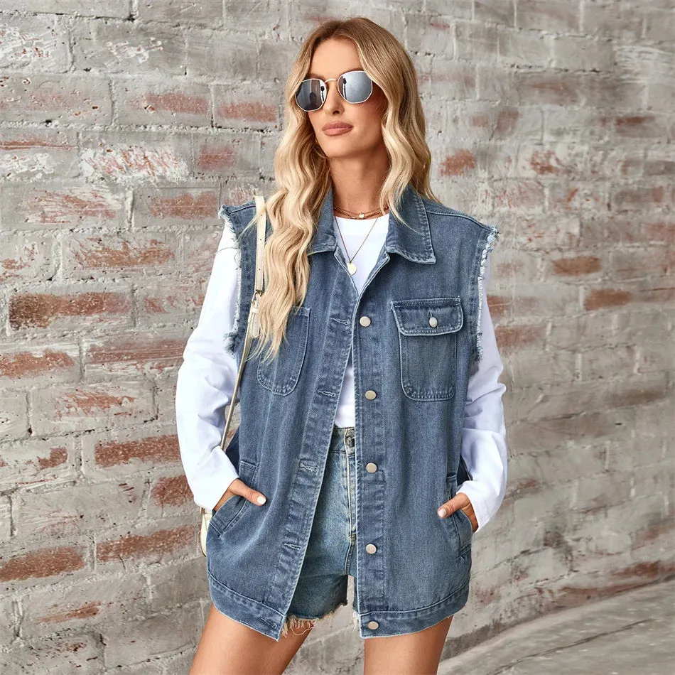 Oversized Classic Denim Vest – Biker Look Design