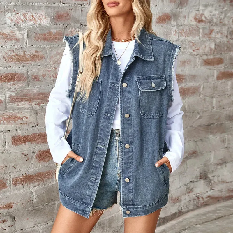 Oversized Classic Denim Vest – Biker Look Design