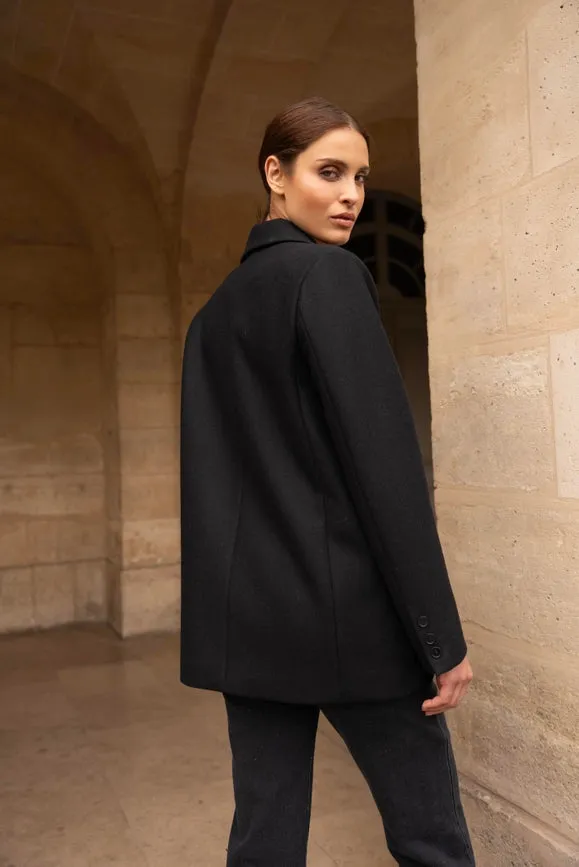 Oversized Wool Jacket with Double Breasted Detail Black