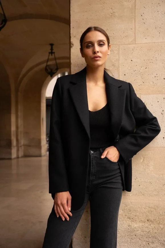 Oversized Wool Jacket with Double Breasted Detail Black