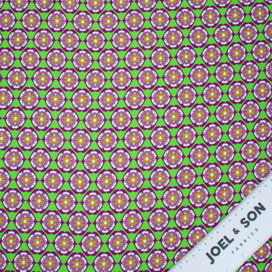 Pink & Orange Geo Floral Printed Green Silk Twill (A 3m Piece)