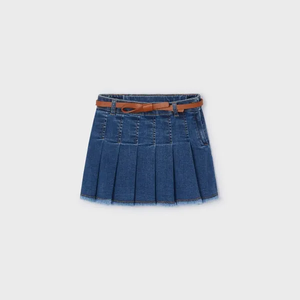 Pleated Denim Skirt with Belt