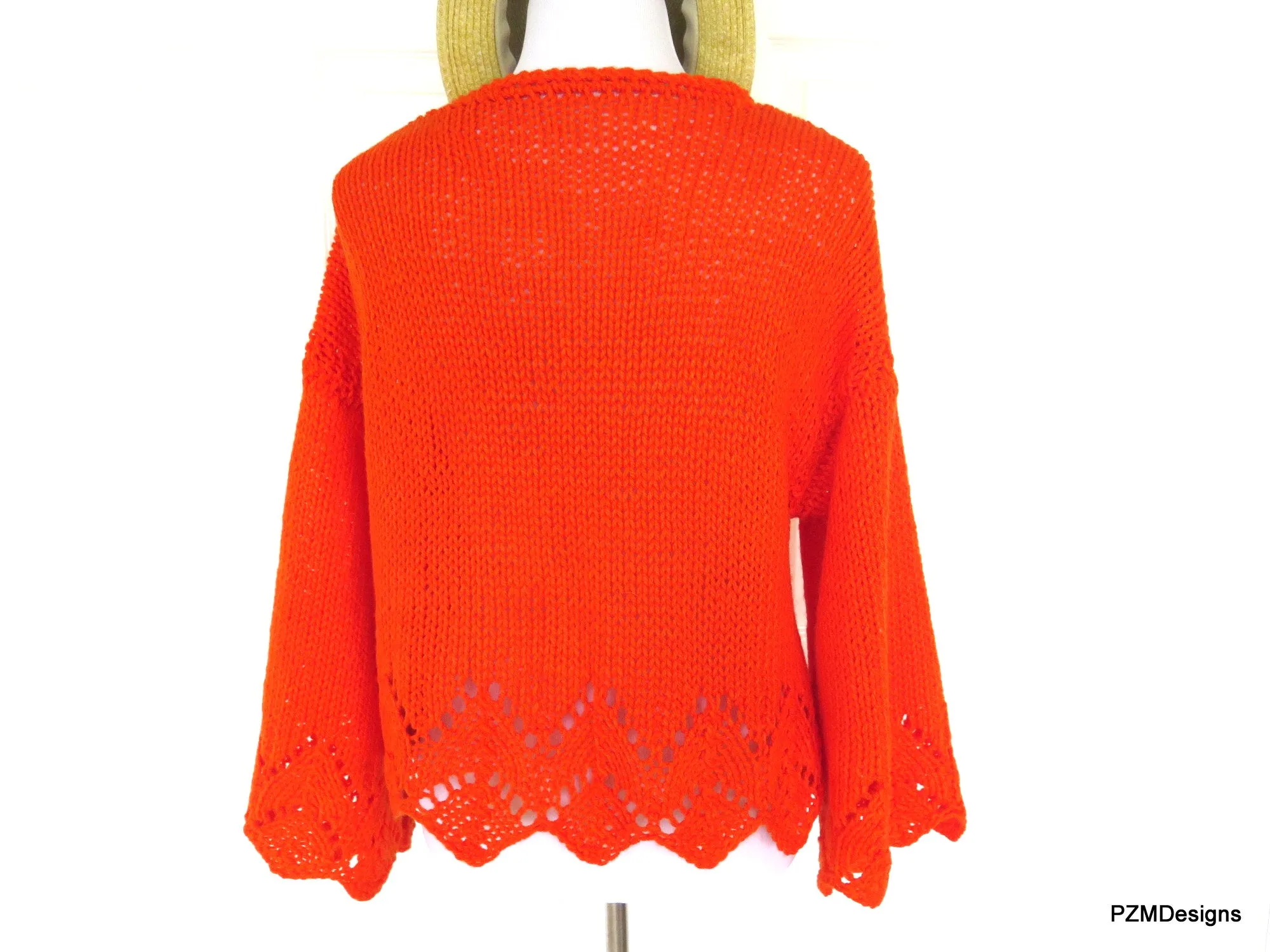 Plus Size Orange Cardigan Shrug, Hand Knit Plus Size Jacket