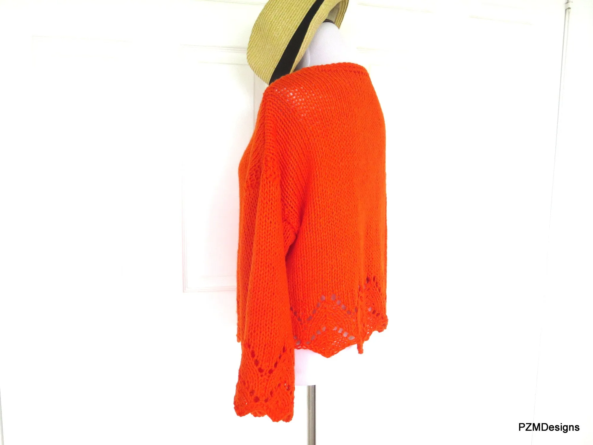 Plus Size Orange Cardigan Shrug, Hand Knit Plus Size Jacket