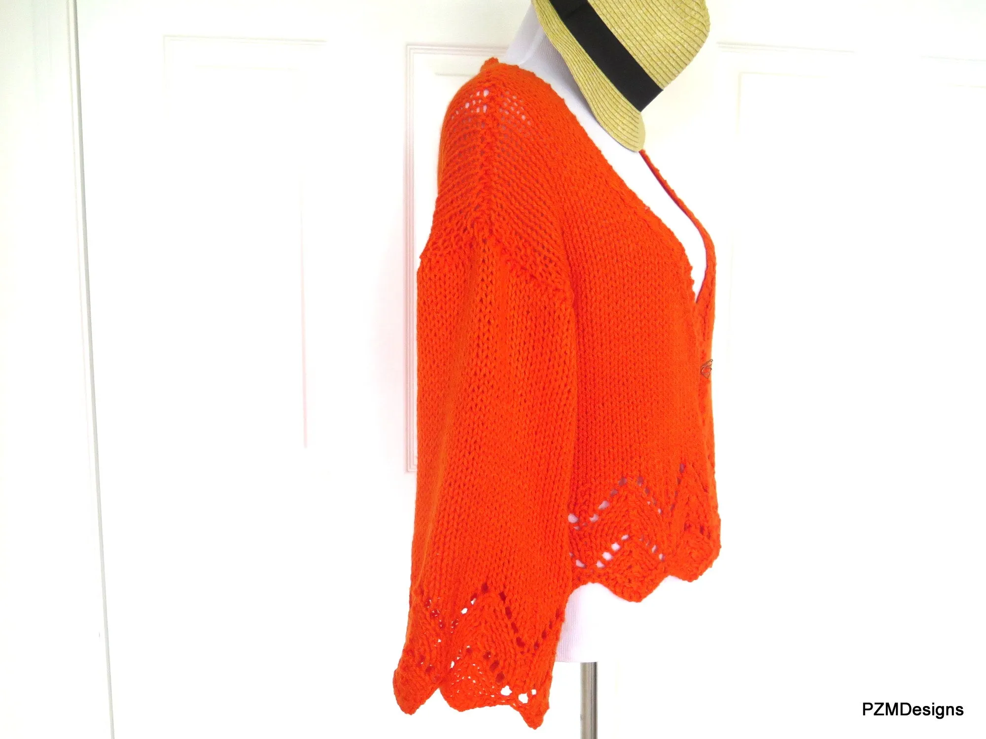 Plus Size Orange Cardigan Shrug, Hand Knit Plus Size Jacket