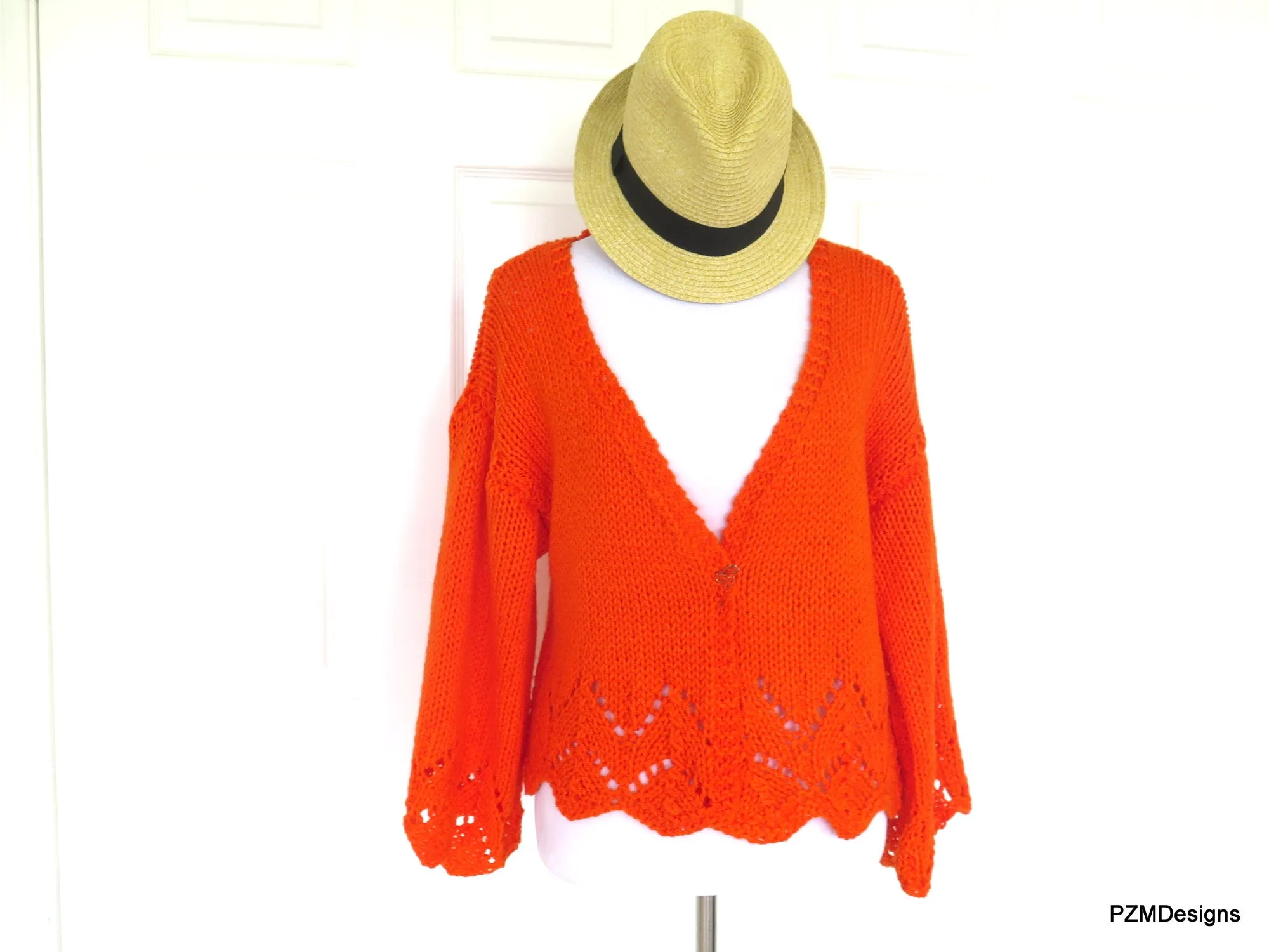 Plus Size Orange Cardigan Shrug, Hand Knit Plus Size Jacket