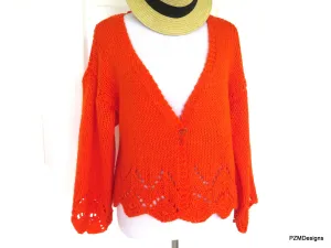 Plus Size Orange Cardigan Shrug, Hand Knit Plus Size Jacket